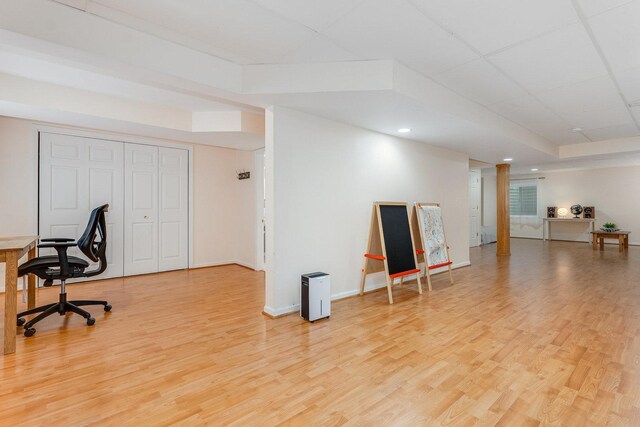 home office featuring baseboards, recessed lighting, and light wood-style floors