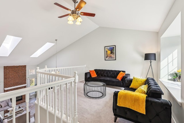 200 Glasgow Ln, Schaumburg, IL 60194 - living room featuring lofted ceiling, carpet, a skylight, and a ceiling fan