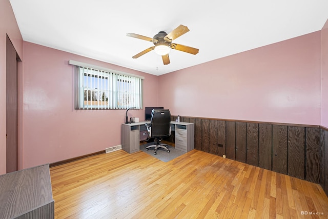 office space featuring visible vents, a ceiling fan, hardwood / wood-style flooring, wainscoting, and wood walls