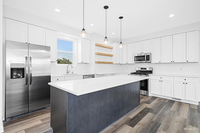 18445 Kedzie Ave, Homewood, IL 60430 - kitchen with stainless steel appliances, a sink, open shelves, dark wood-style floors, and recessed lighting
