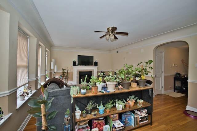 6237 N Mozart St, Chicago, IL 60659 - living area featuring ceiling fan, arched walkways, wood finished floors, and baseboards