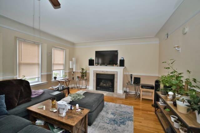6237 N Mozart St, Chicago, IL 60659 - living room with light wood-style flooring, a ceiling fan, and a fireplace with raised hearth