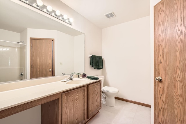 bathroom featuring vanity, tile patterned flooring, visible vents, toilet, and baseboards