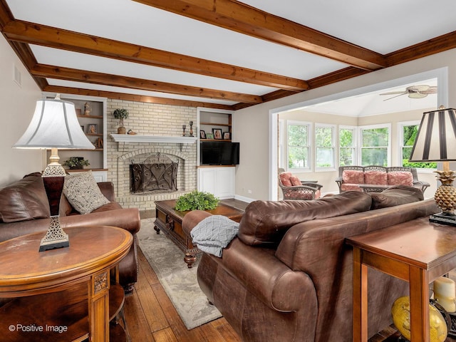 2 Stirrup Cup Ct, Saint Charles, IL 60174 - living room with hardwood / wood-style flooring, beam ceiling, ceiling fan, a fireplace, and baseboards