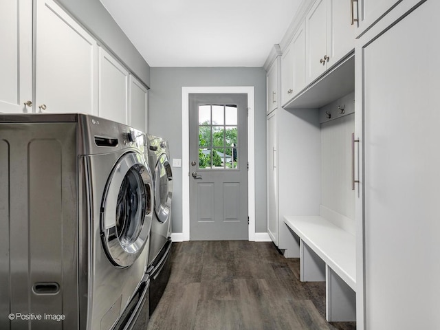 2 Stirrup Cup Ct, Saint Charles, IL 60174 - laundry room featuring cabinet space, washing machine and clothes dryer, dark wood-style floors, and baseboards