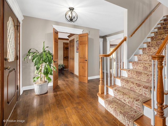 2 Stirrup Cup Ct, Saint Charles, IL 60174 - entryway featuring baseboards, stairs, and dark wood-style floors