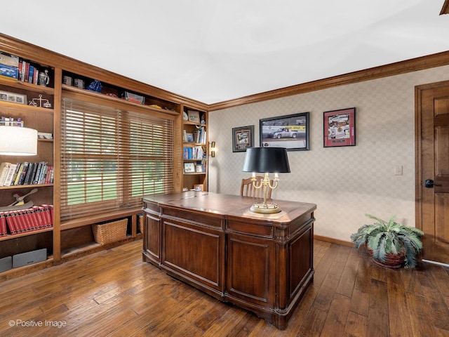 2 Stirrup Cup Ct, Saint Charles, IL 60174 - office space with wallpapered walls, ornamental molding, and dark wood-style flooring