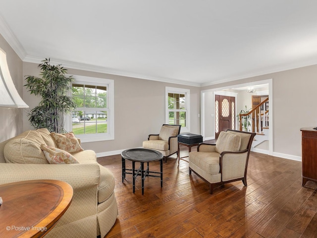 2 Stirrup Cup Ct, Saint Charles, IL 60174 - living room with dark wood finished floors, stairway, ornamental molding, and baseboards