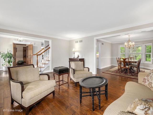 2 Stirrup Cup Ct, Saint Charles, IL 60174 - living area with stairway, a chandelier, dark wood finished floors, crown molding, and baseboards