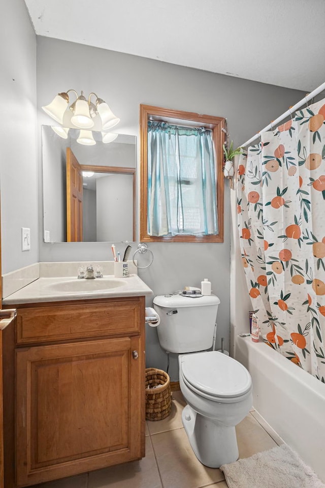 175 Mulberry St, Manteno, IL 60950 - bathroom featuring vanity, tile patterned flooring, shower / tub combo with curtain, and a chandelier