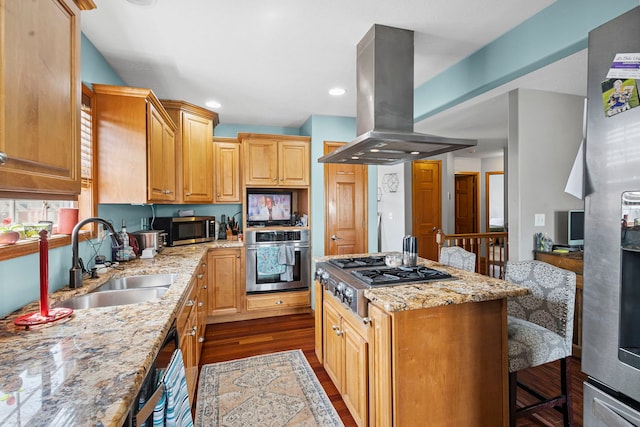 175 Mulberry St, Manteno, IL 60950 - kitchen featuring appliances with stainless steel finishes, island range hood, a breakfast bar area, dark wood-style floors, and light stone counters