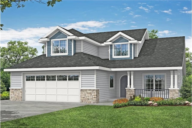 278 W Illinois Ave, Palatine, IL 60067 - view of front of house featuring stone siding, a garage, a front lawn, driveway, and covered porch