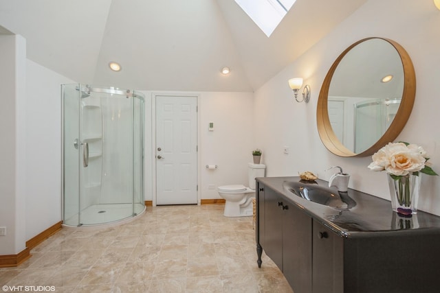 905 Basswood St, Hoffman Estates, IL 60169 - bathroom with a skylight, vaulted ceiling, baseboards, a shower stall, and toilet