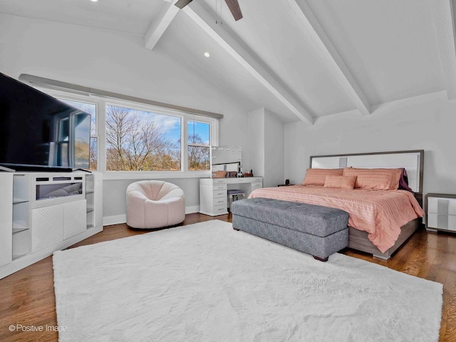 bedroom featuring recessed lighting, a ceiling fan, lofted ceiling with beams, and wood finished floors
