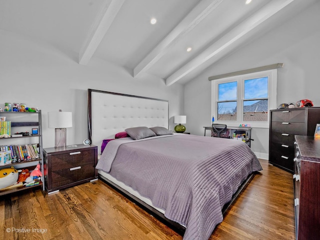 bedroom with vaulted ceiling with beams, recessed lighting, and wood finished floors