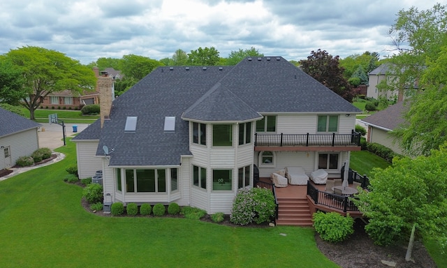 1583 Pine Lake Dr, Naperville, IL 60564 - back of house featuring a shingled roof, a deck, a lawn, a chimney, and a hot tub