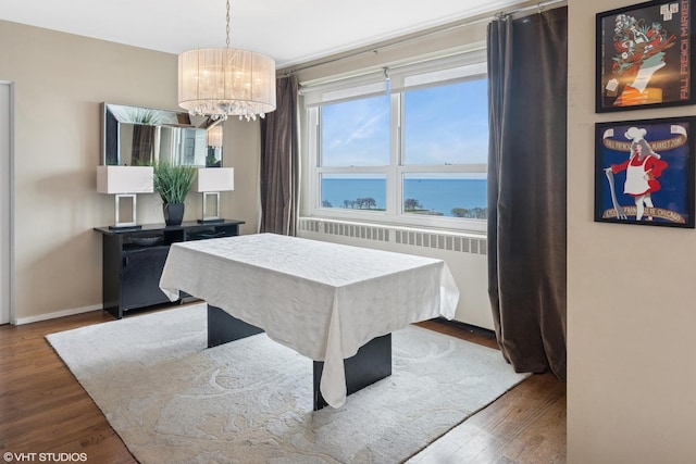 3180 N Lake Shore Dr Unit 15A, Chicago, IL 60657 - dining room featuring radiator, baseboards, wood finished floors, and a chandelier