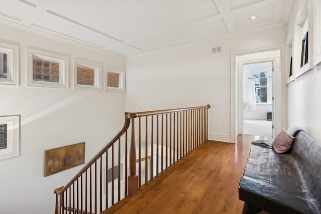 2735 N Dayton St, Chicago, IL 60614 - hall featuring coffered ceiling, wood finished floors, recessed lighting, an upstairs landing, and baseboards