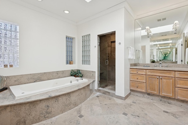 2735 N Dayton St, Chicago, IL 60614 - bathroom with vanity, a shower stall, a garden tub, crown molding, and recessed lighting
