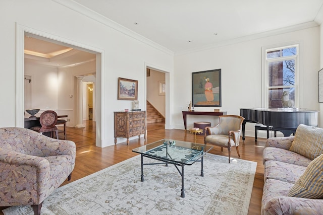 2735 N Dayton St, Chicago, IL 60614 - living area with crown molding, stairway, wood finished floors, and baseboards
