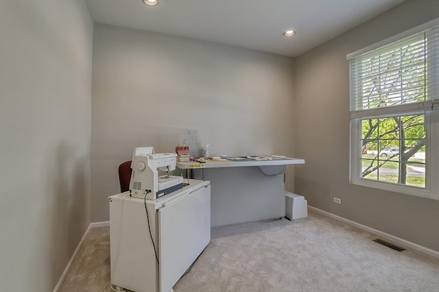 washroom featuring plenty of natural light, baseboards, light colored carpet, an office area, and recessed lighting