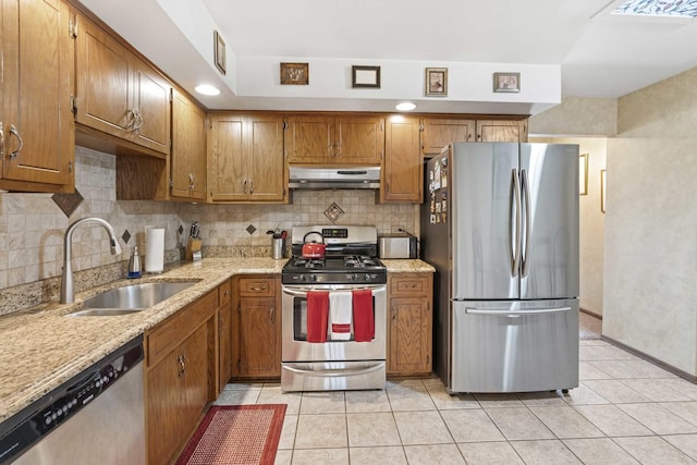 kitchen with brown cabinets, under cabinet range hood, a sink, and stainless steel appliances
