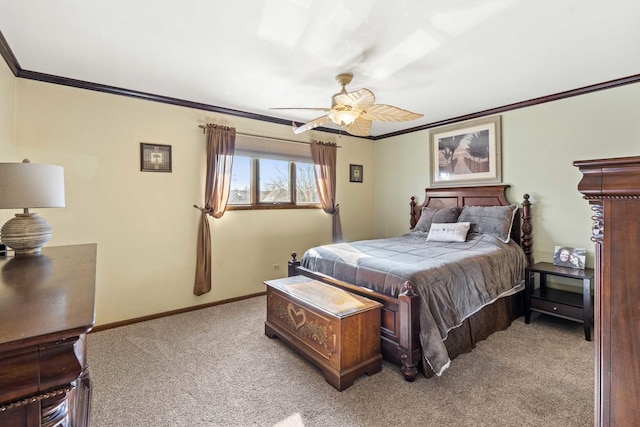 bedroom with light carpet, ceiling fan, baseboards, and ornamental molding
