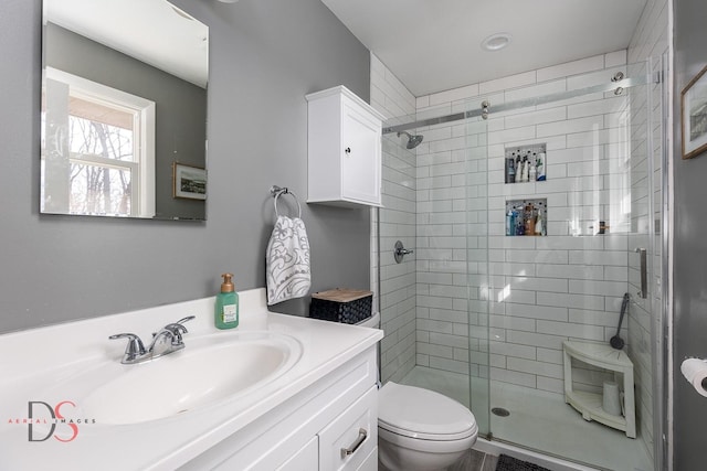 bathroom with vanity, toilet, and a shower stall