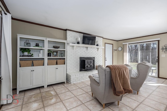 living area featuring crown molding and a brick fireplace
