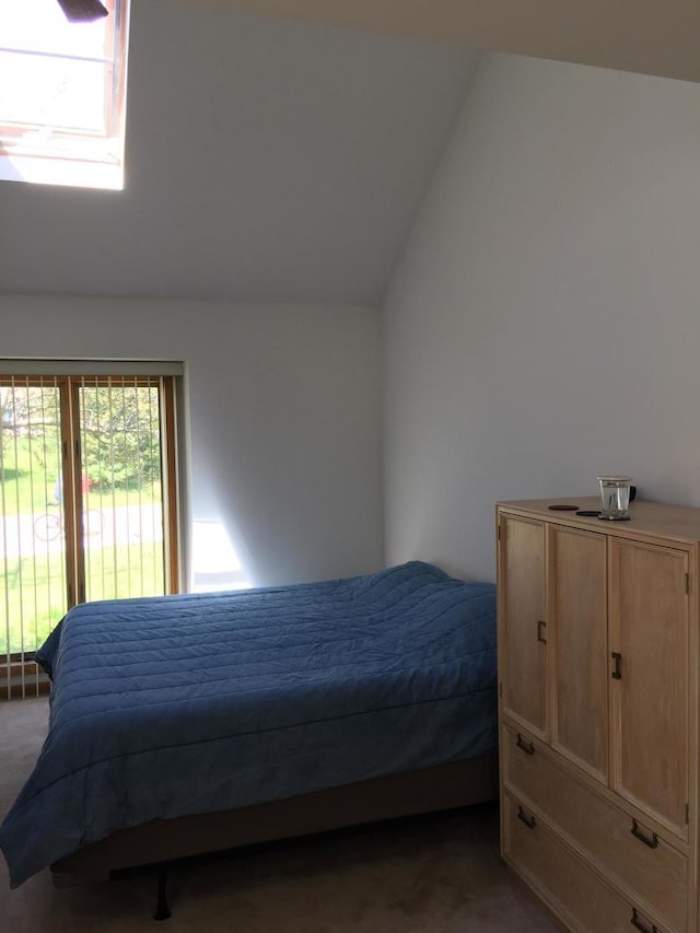 bedroom with lofted ceiling and carpet