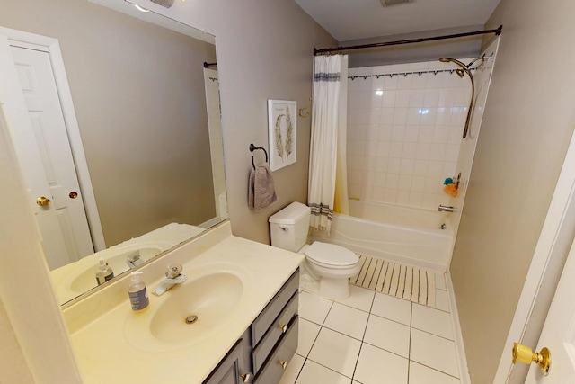 full bathroom with vanity, tile patterned floors, shower / bath combination with curtain, toilet, and visible vents