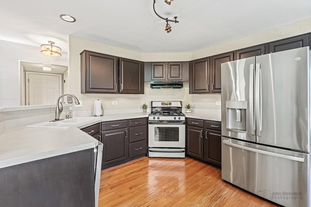 kitchen with a sink, light countertops, light wood-type flooring, appliances with stainless steel finishes, and extractor fan