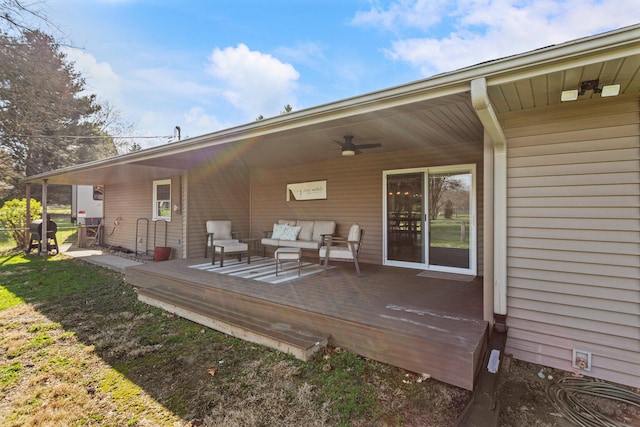 15 Wood Ln, Monticello, IL 61856 - back of house featuring a deck, outdoor lounge area, and ceiling fan