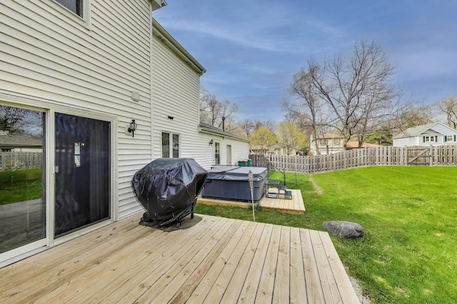 367 Quist Ct, Grayslake, IL 60030 - wooden terrace featuring a lawn, a fenced backyard, a hot tub, and area for grilling