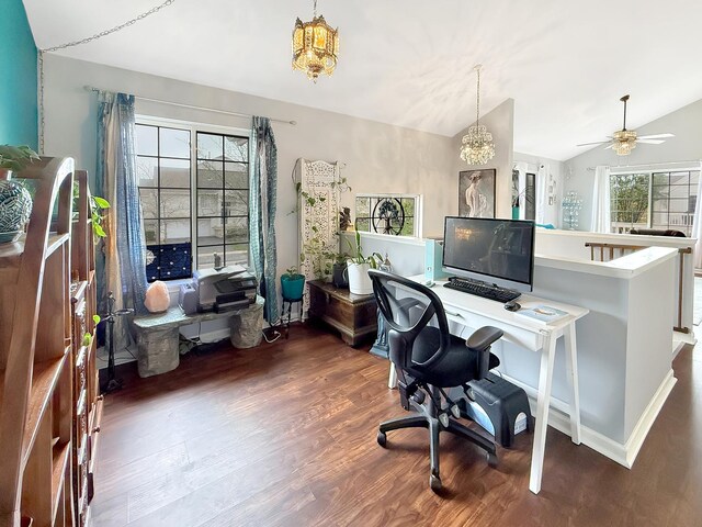 648 S Rosehall Ln, Round Lake, IL 60073 - office featuring a ceiling fan, vaulted ceiling, and wood finished floors
