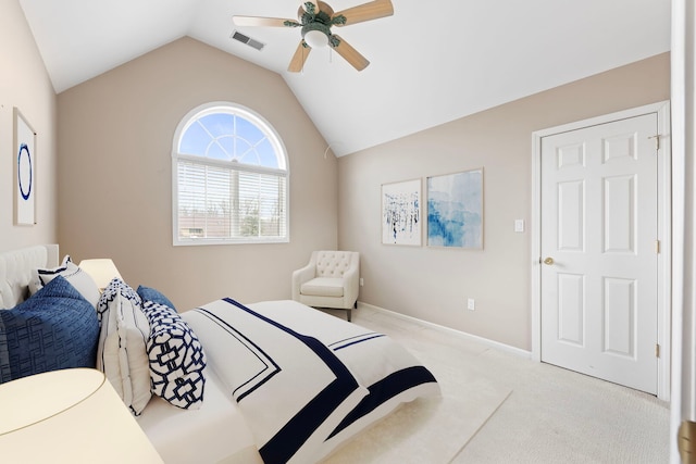 carpeted bedroom featuring visible vents, ceiling fan, vaulted ceiling, and baseboards