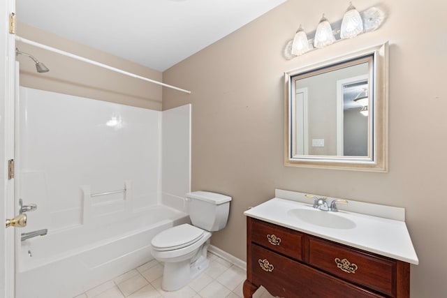 bathroom featuring baseboards, toilet, vanity, shower / bathtub combination, and tile patterned floors