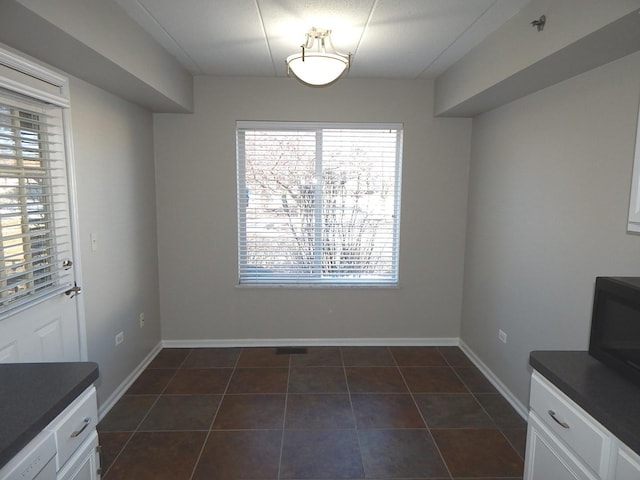 unfurnished dining area with baseboards and dark tile patterned flooring