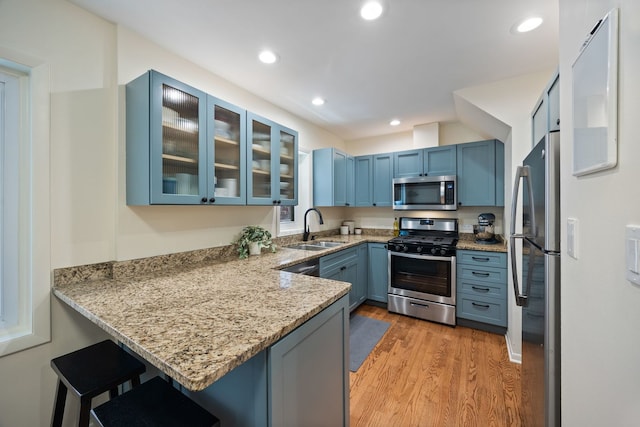 849 W Buckingham Pl Unit G, Chicago, IL 60657 - kitchen featuring blue cabinets, appliances with stainless steel finishes, a sink, a peninsula, and light wood-style flooring