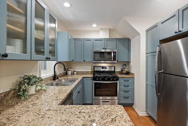 849 W Buckingham Pl Unit G, Chicago, IL 60657 - kitchen featuring appliances with stainless steel finishes, light stone counters, a sink, light wood-type flooring, and glass insert cabinets
