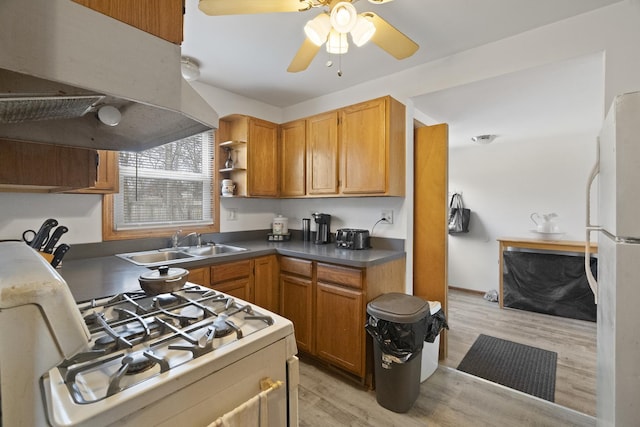 37115 N Sistina Ave, Lake Villa, IL 60046 - kitchen featuring a sink, a ceiling fan, open shelves, under cabinet range hood, and white appliances