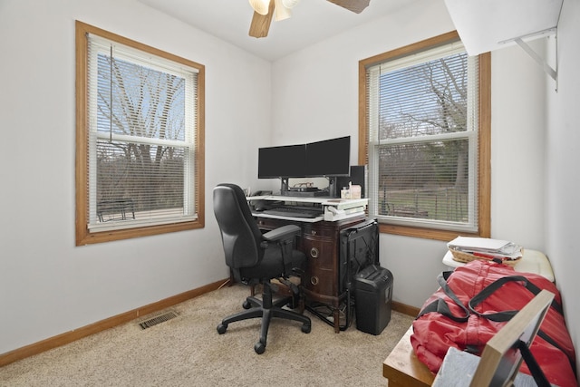 37115 N Sistina Ave, Lake Villa, IL 60046 - home office featuring baseboards, visible vents, ceiling fan, and carpet flooring