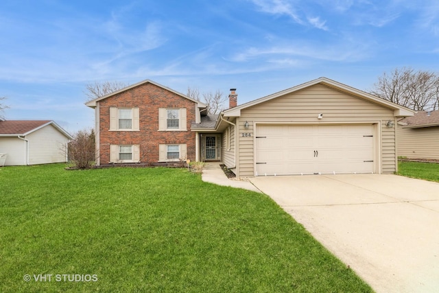 264 Evergreen Ln, Bloomingdale, IL 60108 - split level home featuring a front yard, a garage, a chimney, brick siding, and driveway