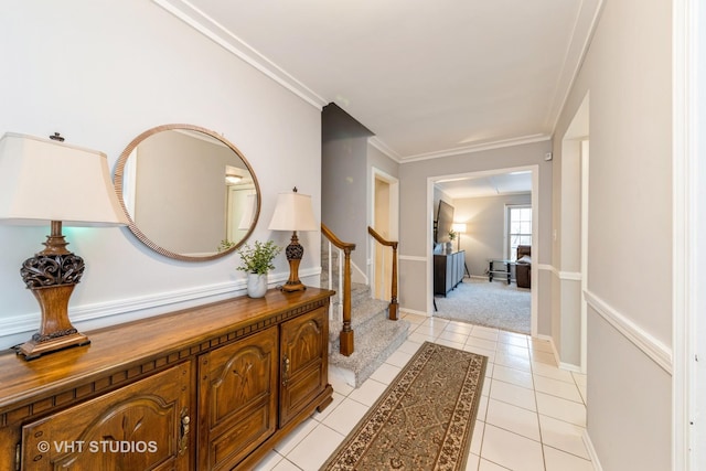 264 Evergreen Ln, Bloomingdale, IL 60108 - entrance foyer featuring baseboards, light carpet, stairway, light tile patterned floors, and crown molding