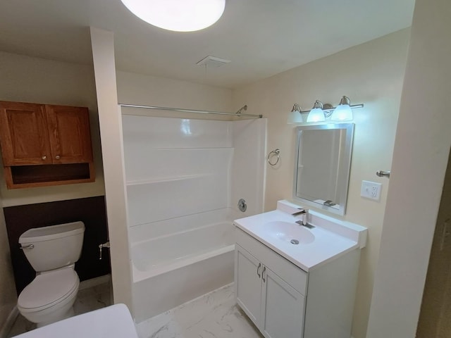 214 Augusta Dr, Mahomet, IL 61853 - bathroom featuring marble finish floor, vanity, toilet, and tub / shower combination