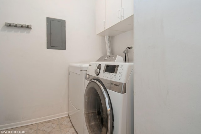 7010 Dover Ct Unit 203, Woodridge, IL 60517 - clothes washing area featuring cabinet space, baseboards, separate washer and dryer, and electric panel
