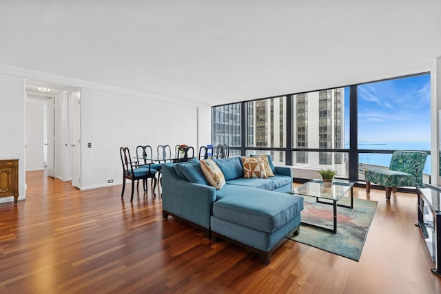 living room featuring a wall of windows, wood finished floors, and a water view