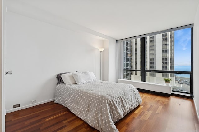 bedroom with wood finished floors, a water view, and baseboards