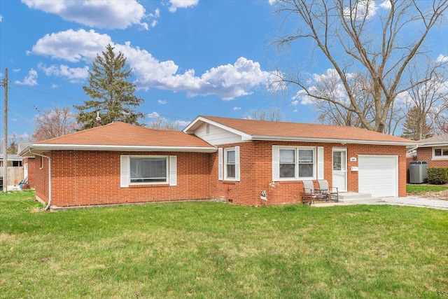 ranch-style house featuring an attached garage, brick siding, central air condition unit, and a front lawn