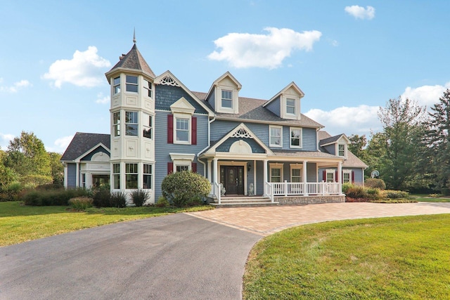 view of front facade featuring curved driveway, a porch, and a front yard